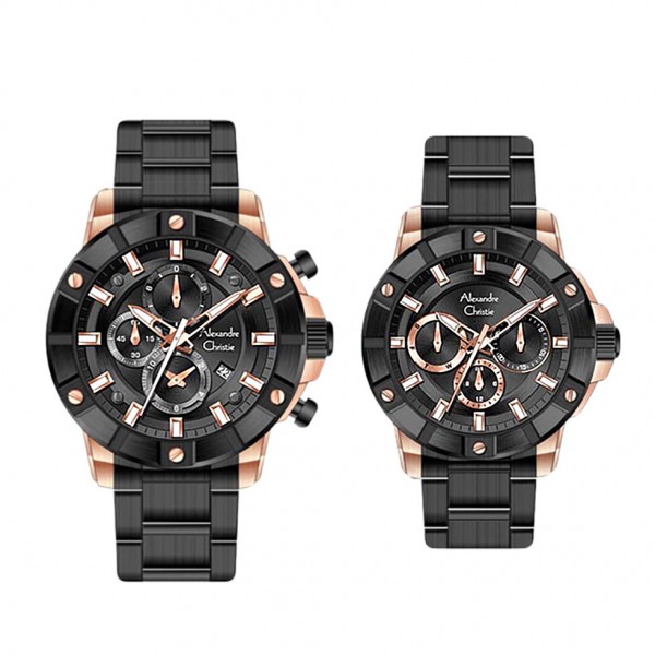 Alexandre Christie AC 6609 Rosegold Black Steel Couple